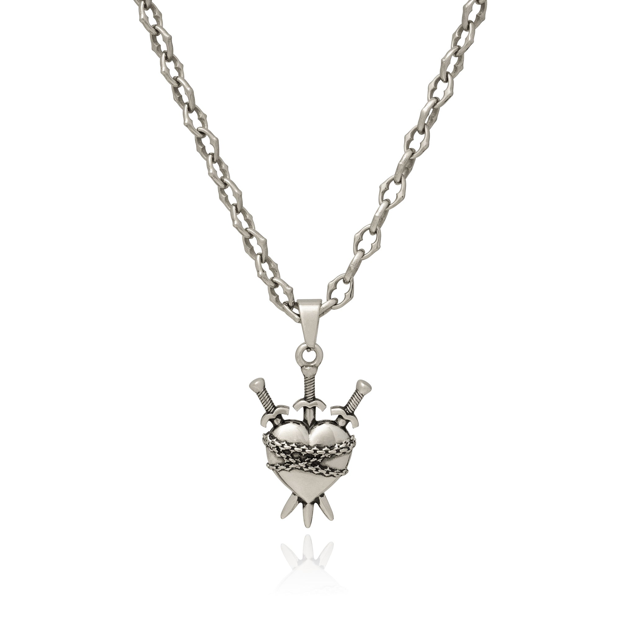 Silver heart pendant with three swords going through it and chain wrapped around it on a spiked chain.