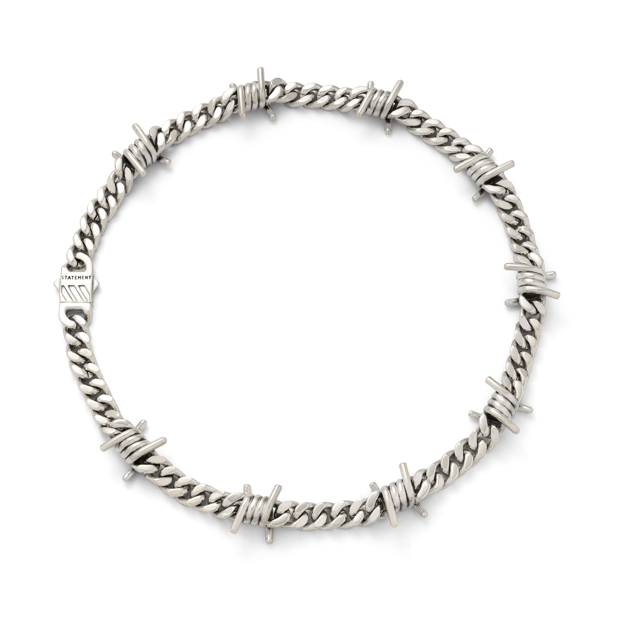 Sterling Silver 9mm Barbed wire chain, on white background 