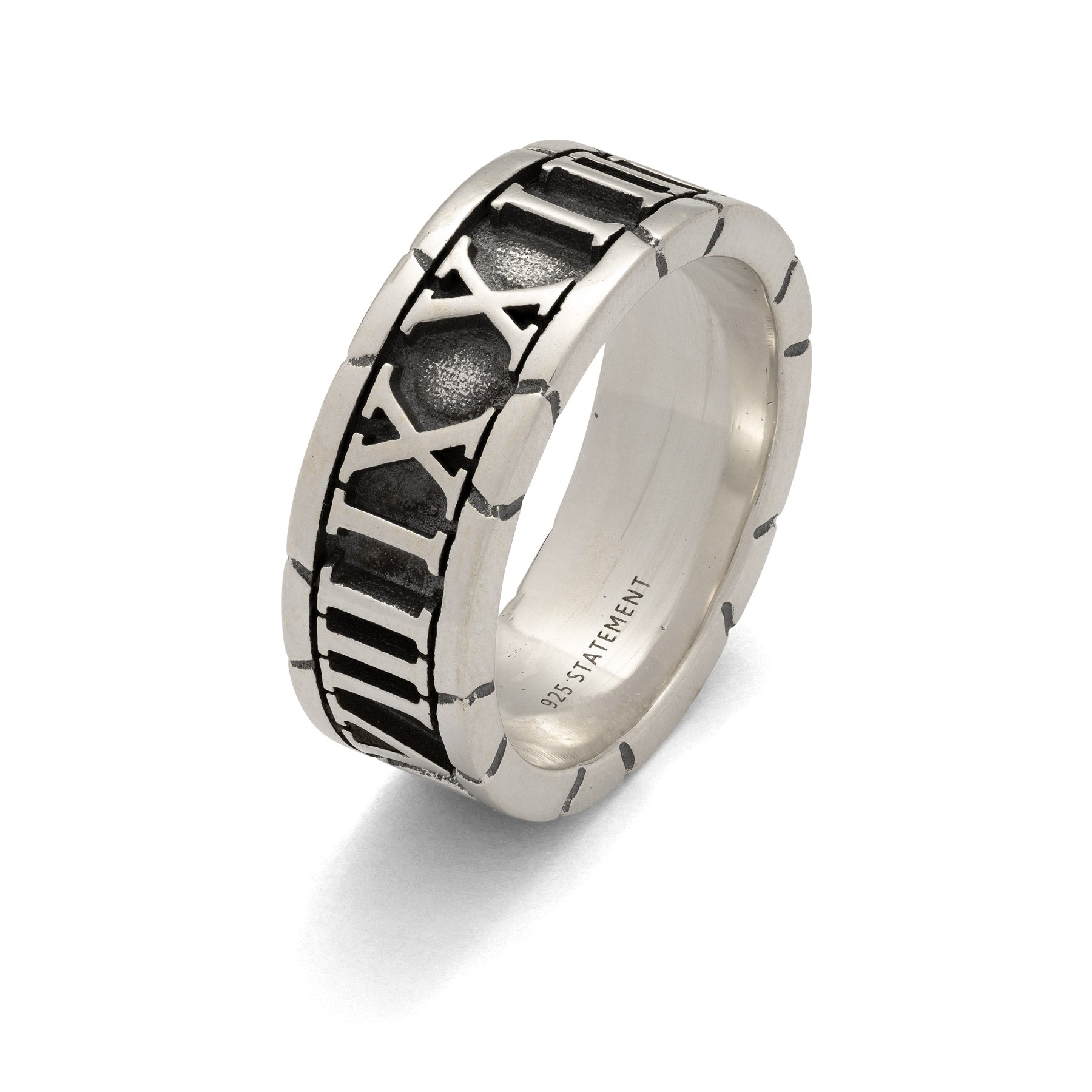 Sterling Silver band ring with roman numerals the entire way around it.