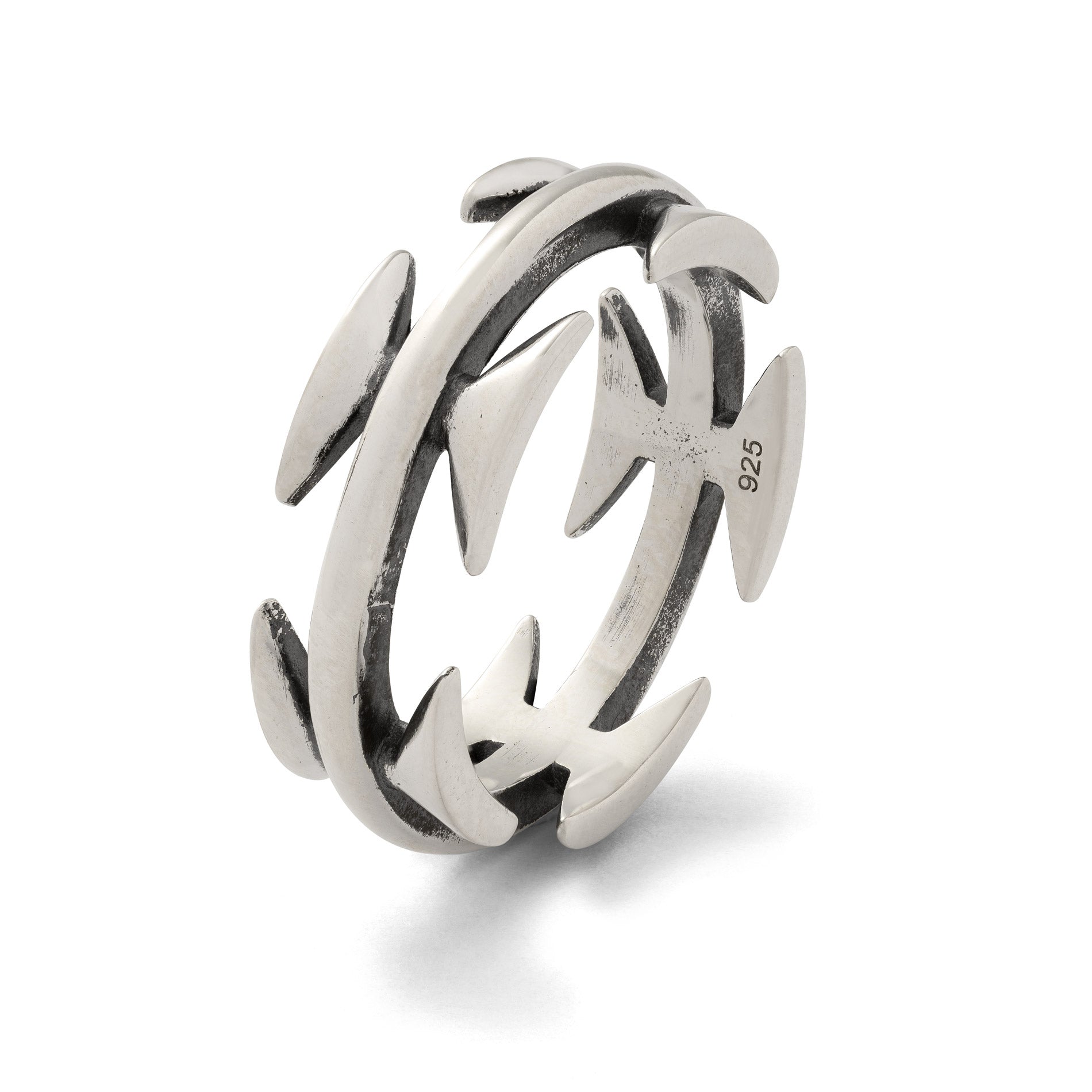 sterling silver razor wire ring on white background