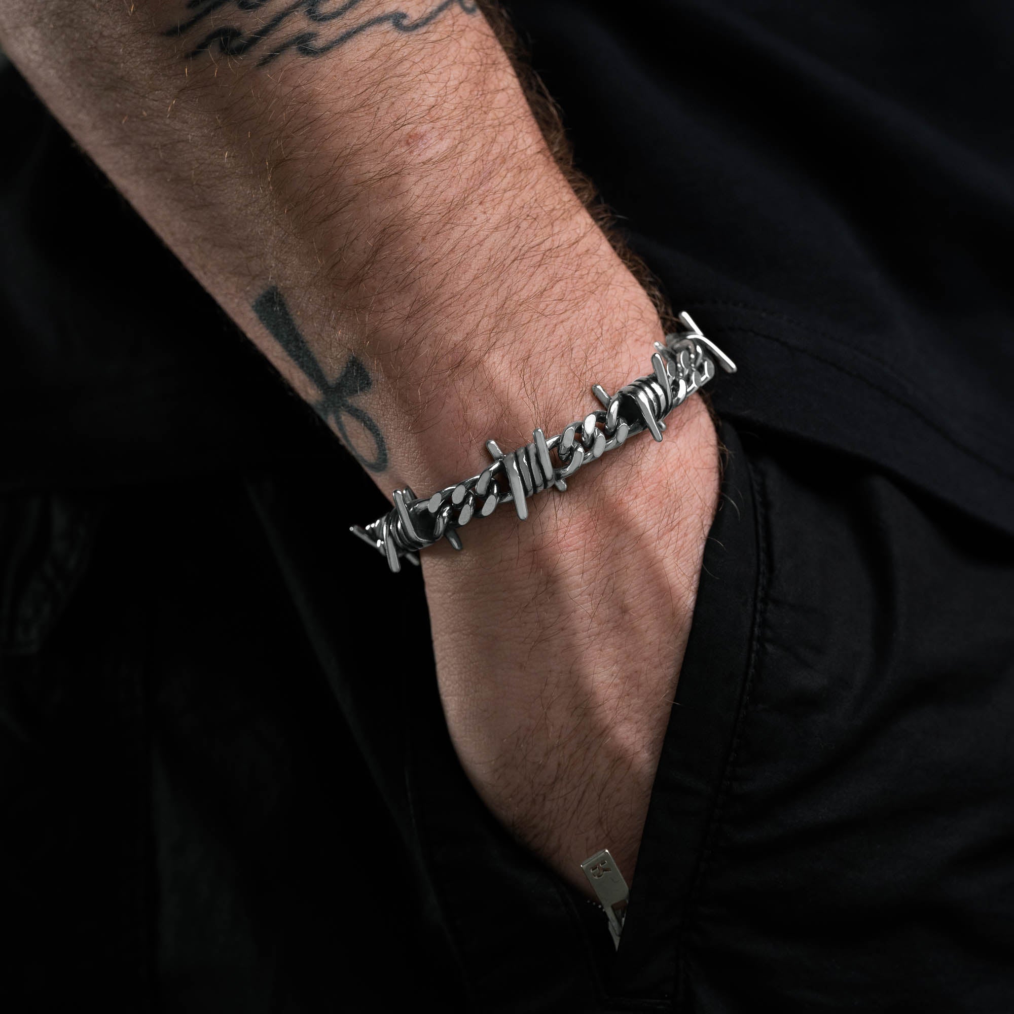 silver barbed wire bracelet mens