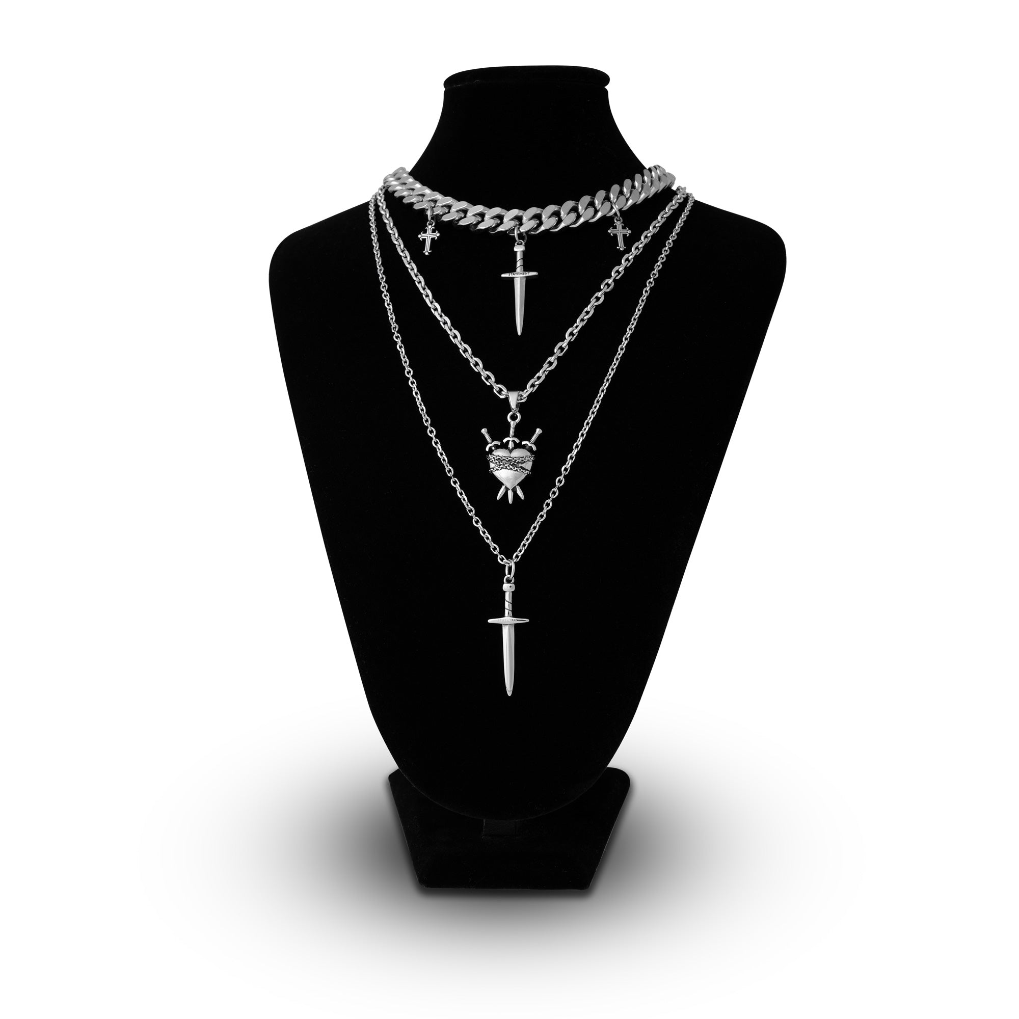 Gothic silver necklace set with sword pendants by Statement Collective
