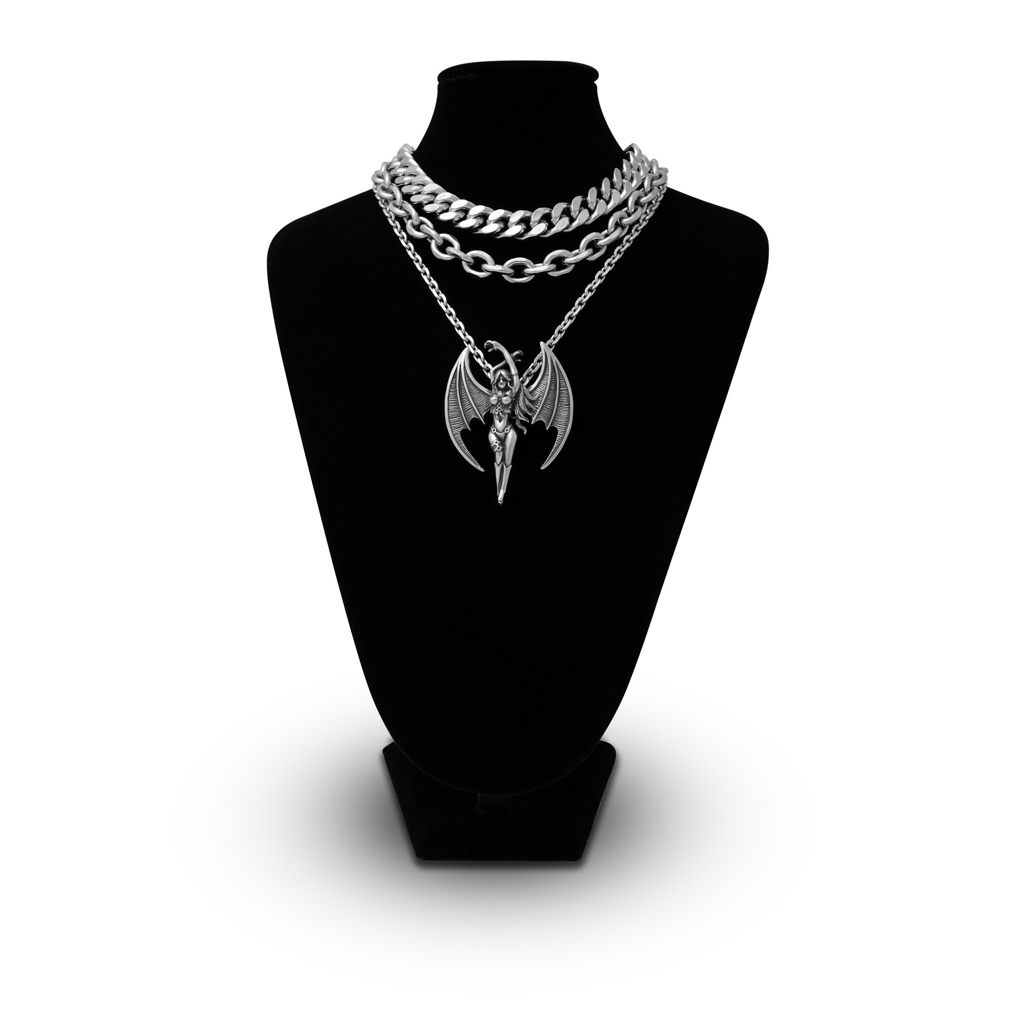 Gothic silver necklace set with cable and cuban chains and gothic pendant by statement collective