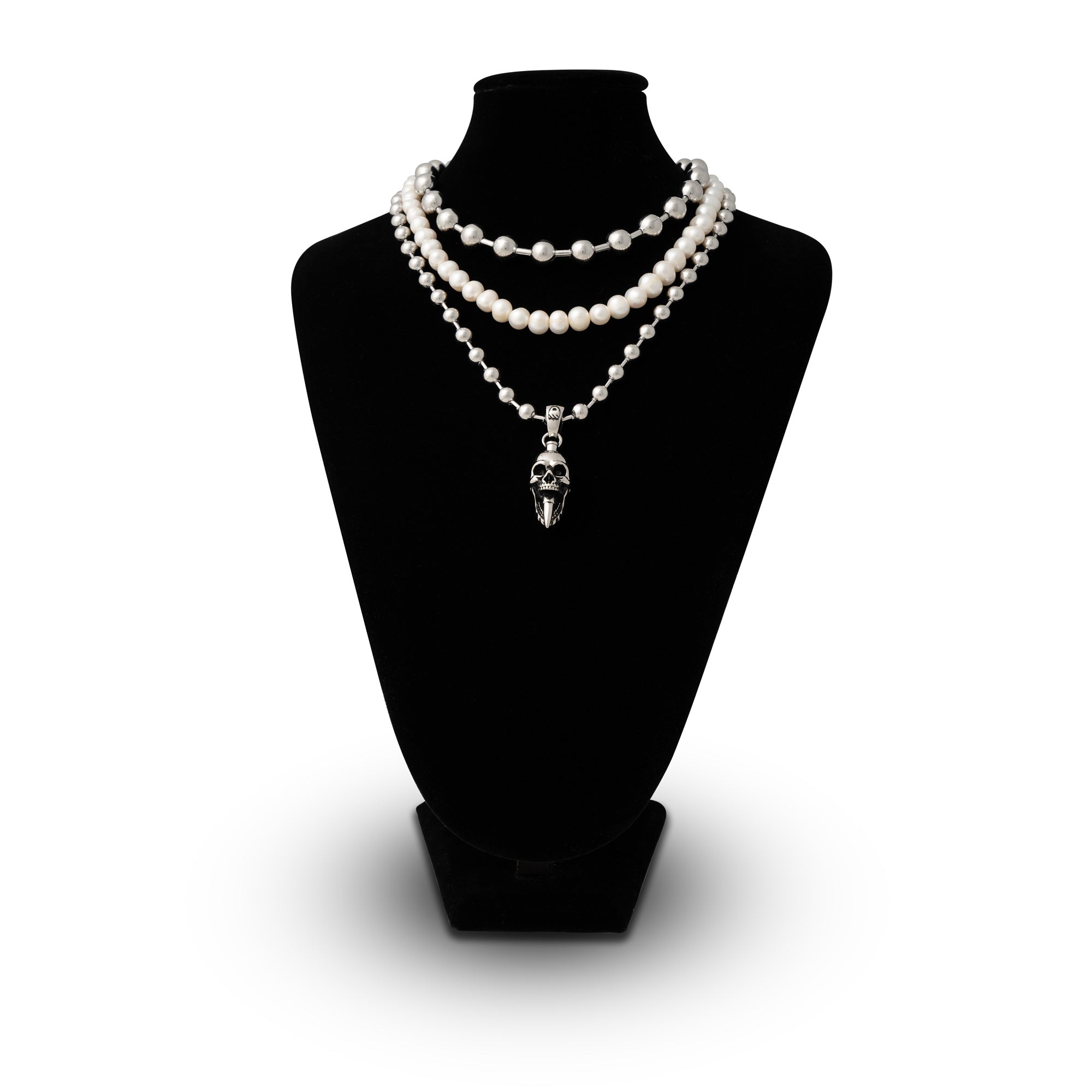 Gothic silver necklace set with skull jewelry and pearls by Statement Collective