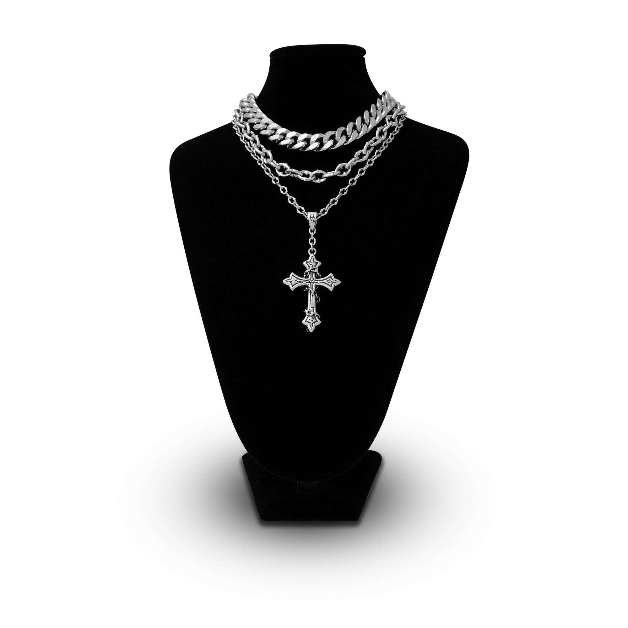 Gothic silver necklace set with spiked chain and cross pendant by statement collective