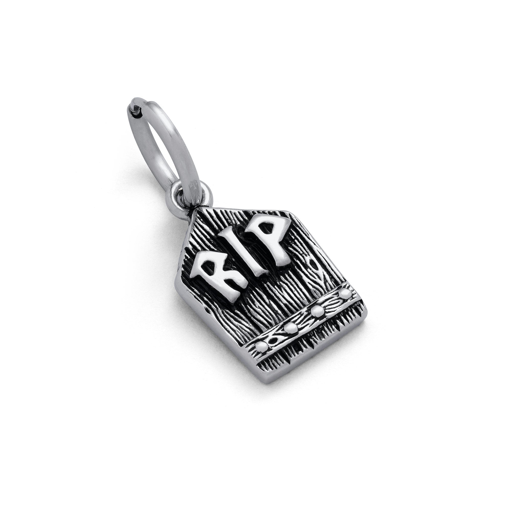 Silver grave stone earring with "RIP" embedded