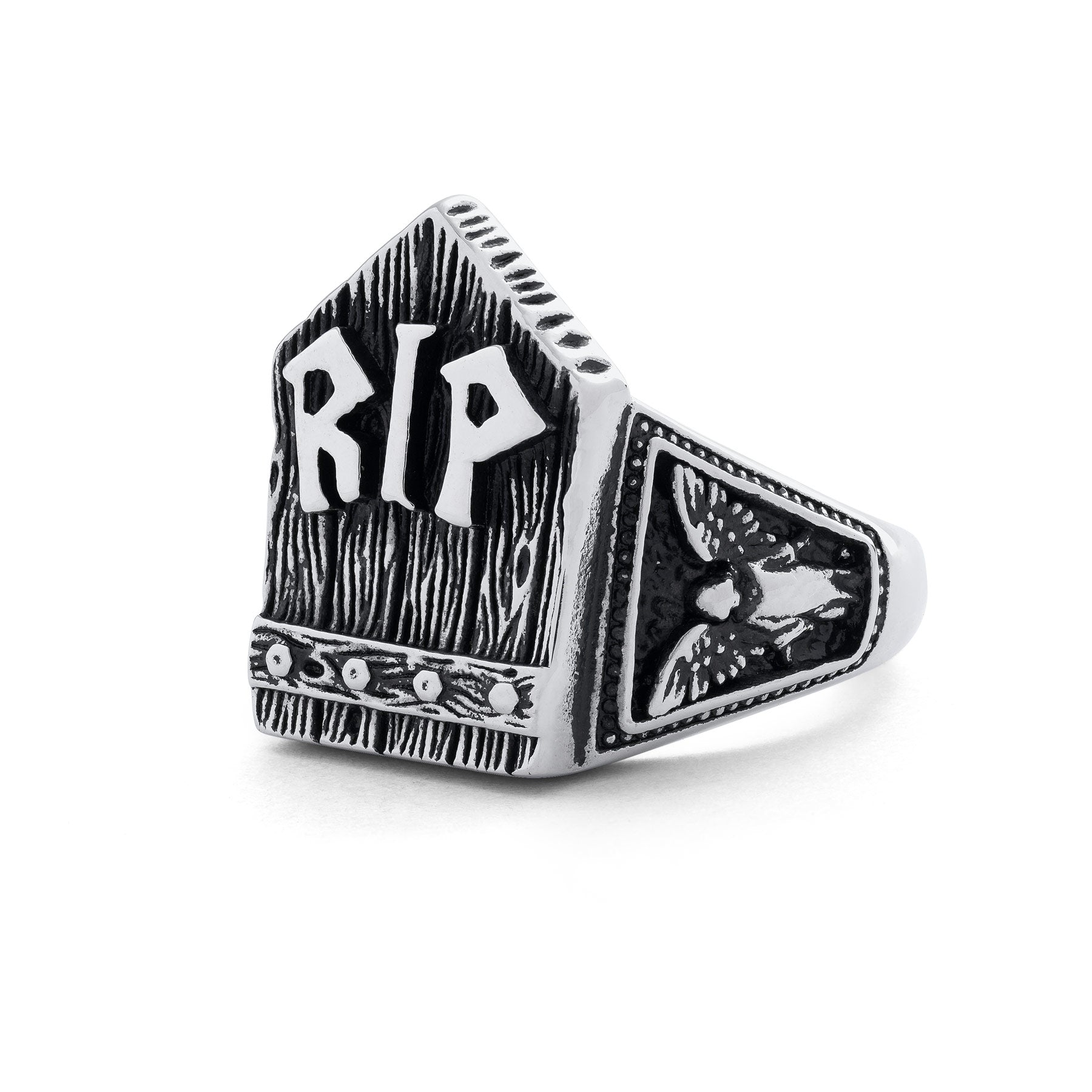 Silver gravestone ring, chunky, with "RIP" embedded at the top of gravestone