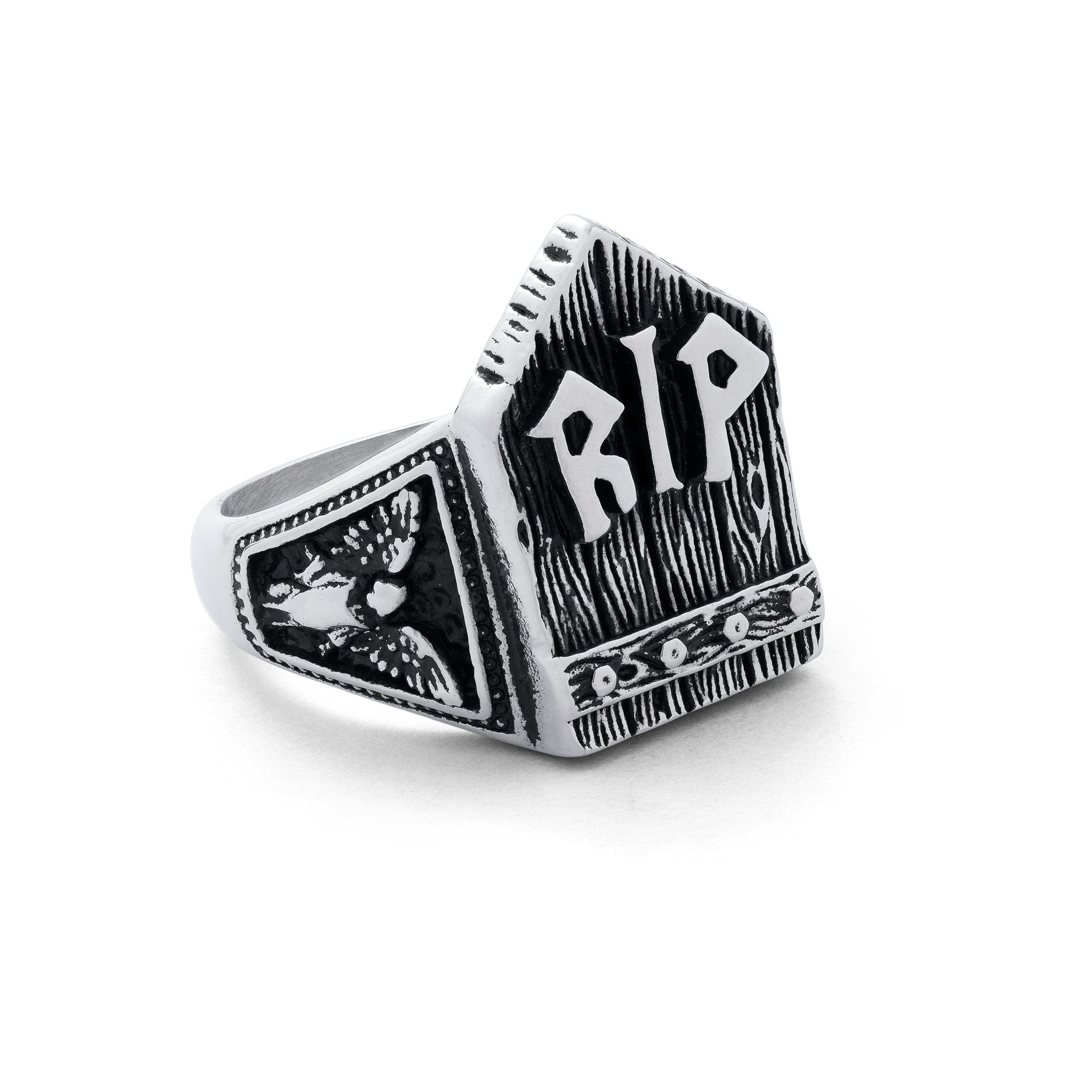 Silver gravestone ring, chunky, with "RIP" embedded at the top of gravestone