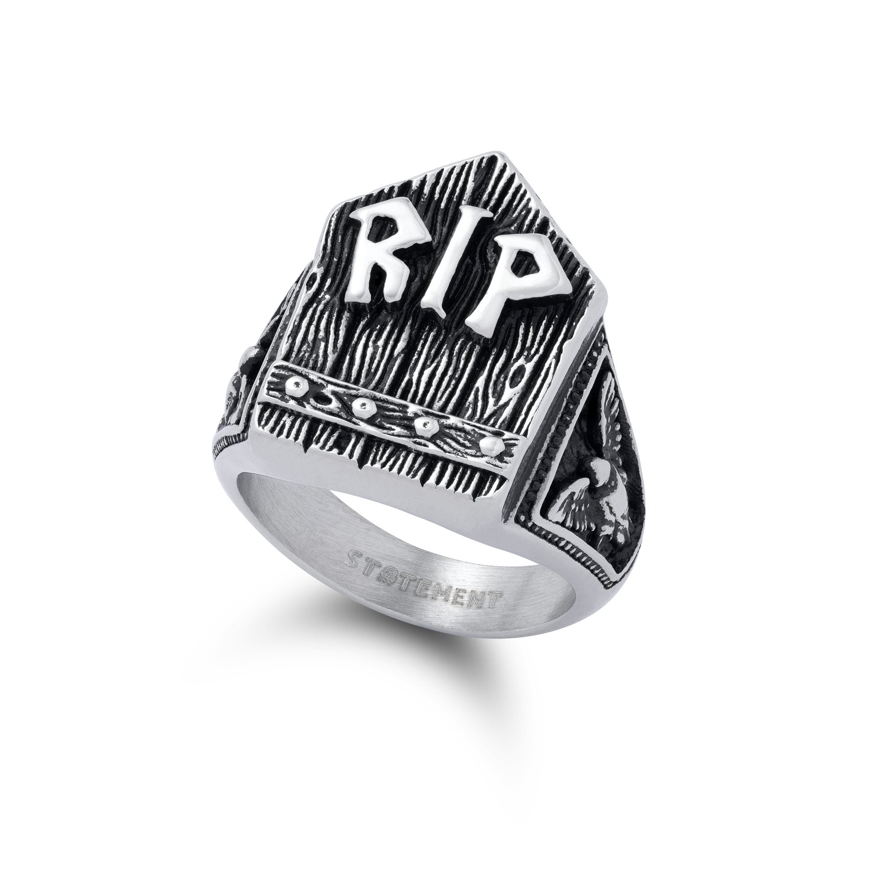 Silver gravestone ring, chunky, with "RIP" embedded at the top of gravestone