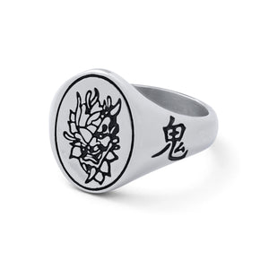 Japanese Mask Signet Ring In Stainless Steel By Statement Collective