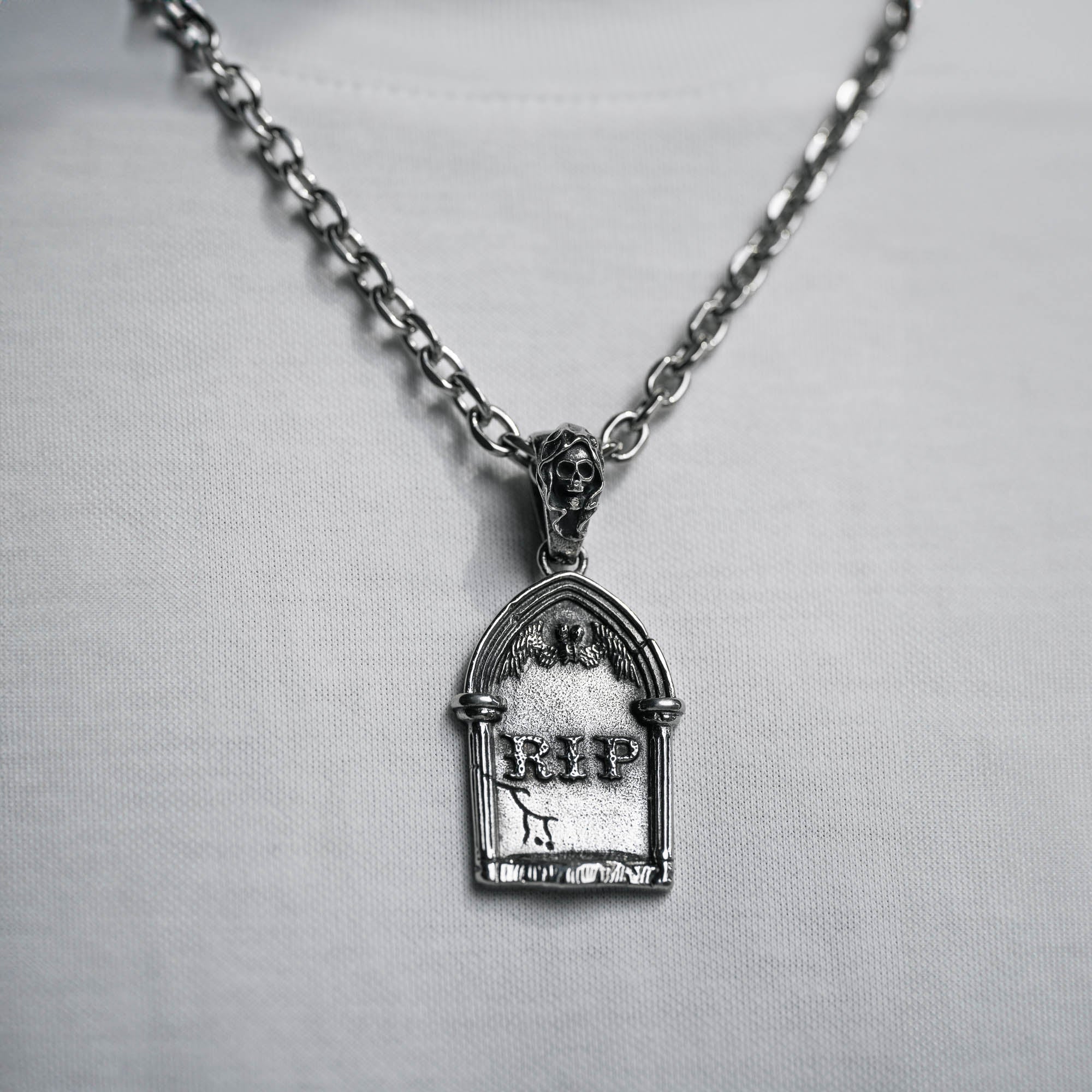 silver Gravestone pendant with Reaper Bale on a cable link chain.