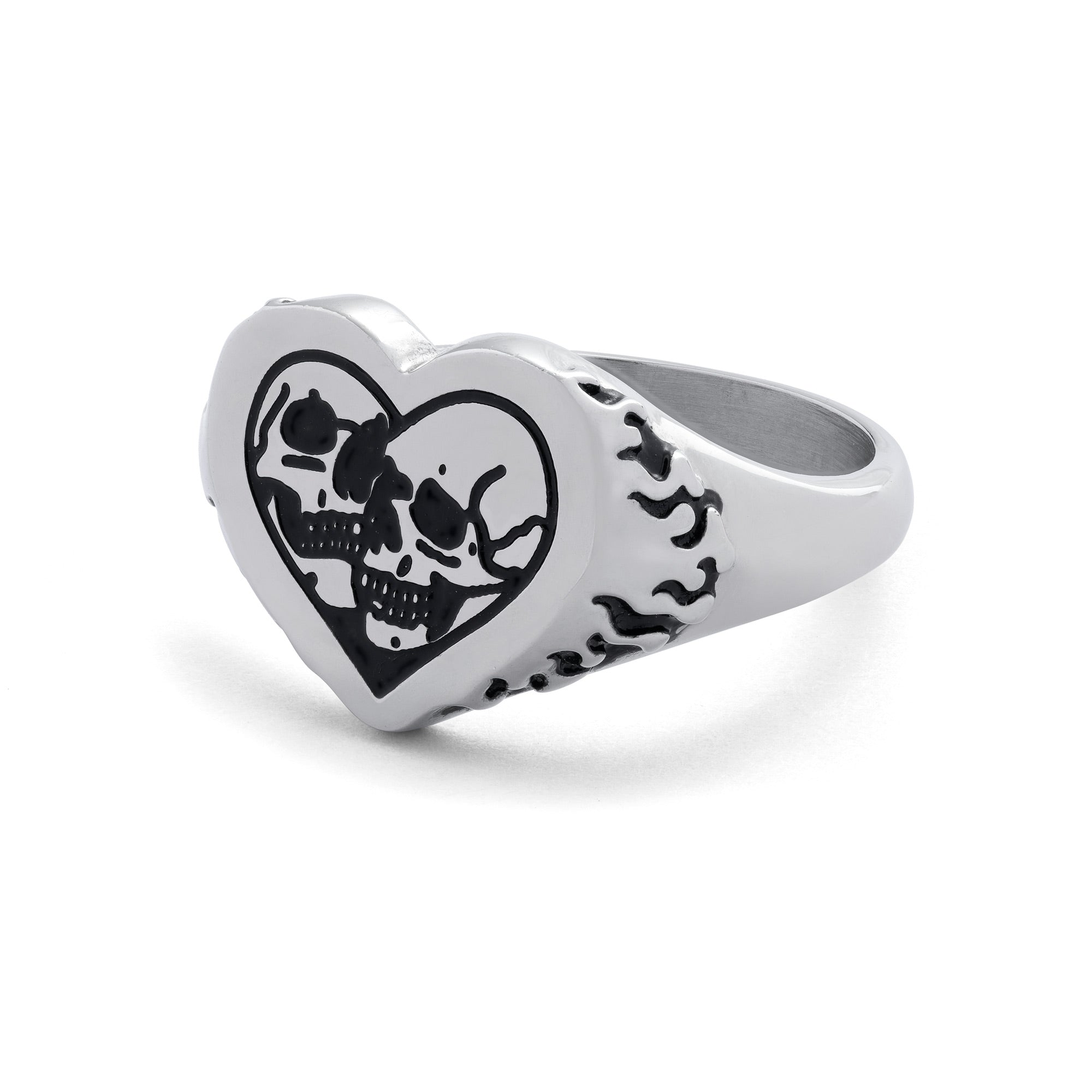 Silver heart shaped ring with skull details on ring face and flame details on sides,