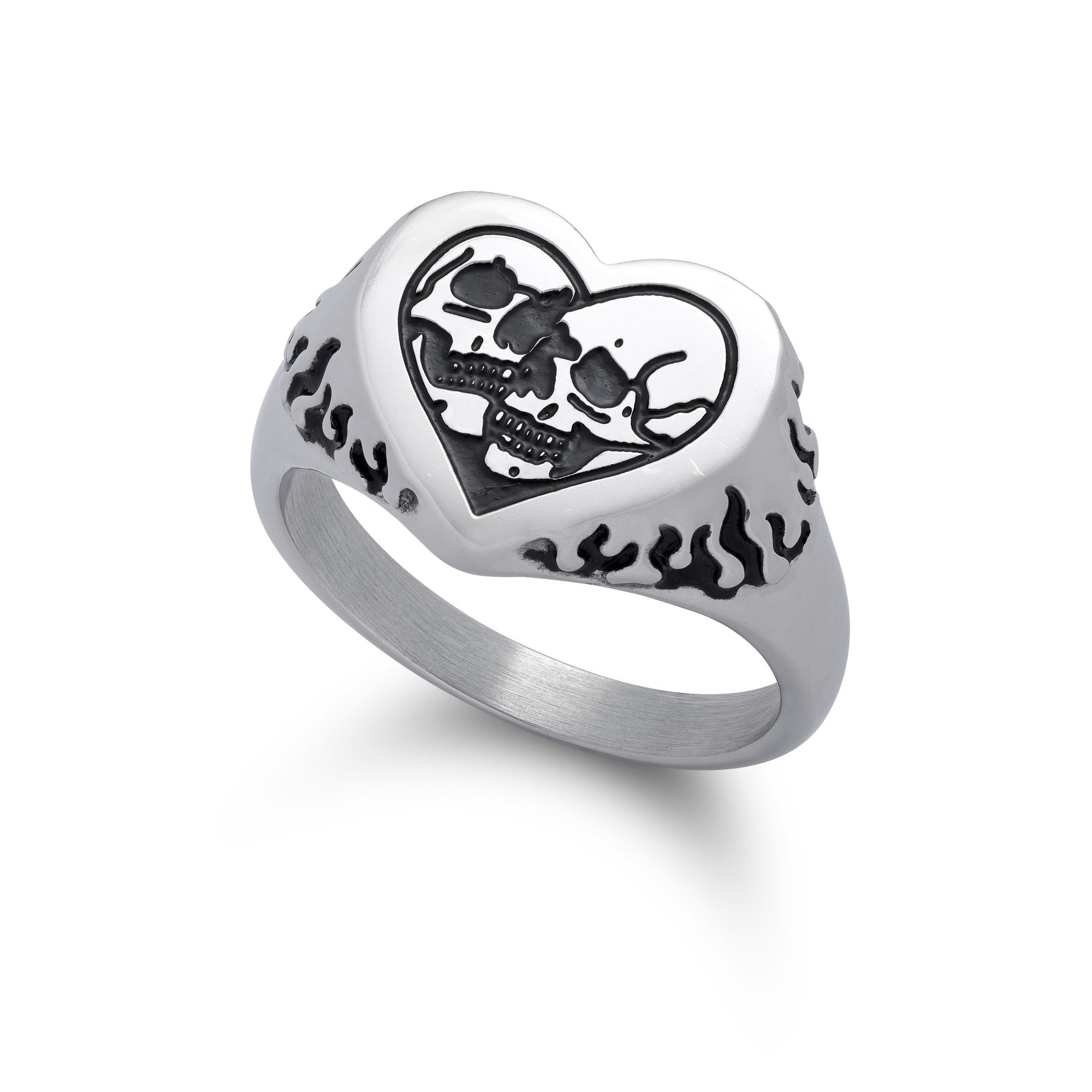 Silver heart shaped ring with skull details on ring face and flame details on sides