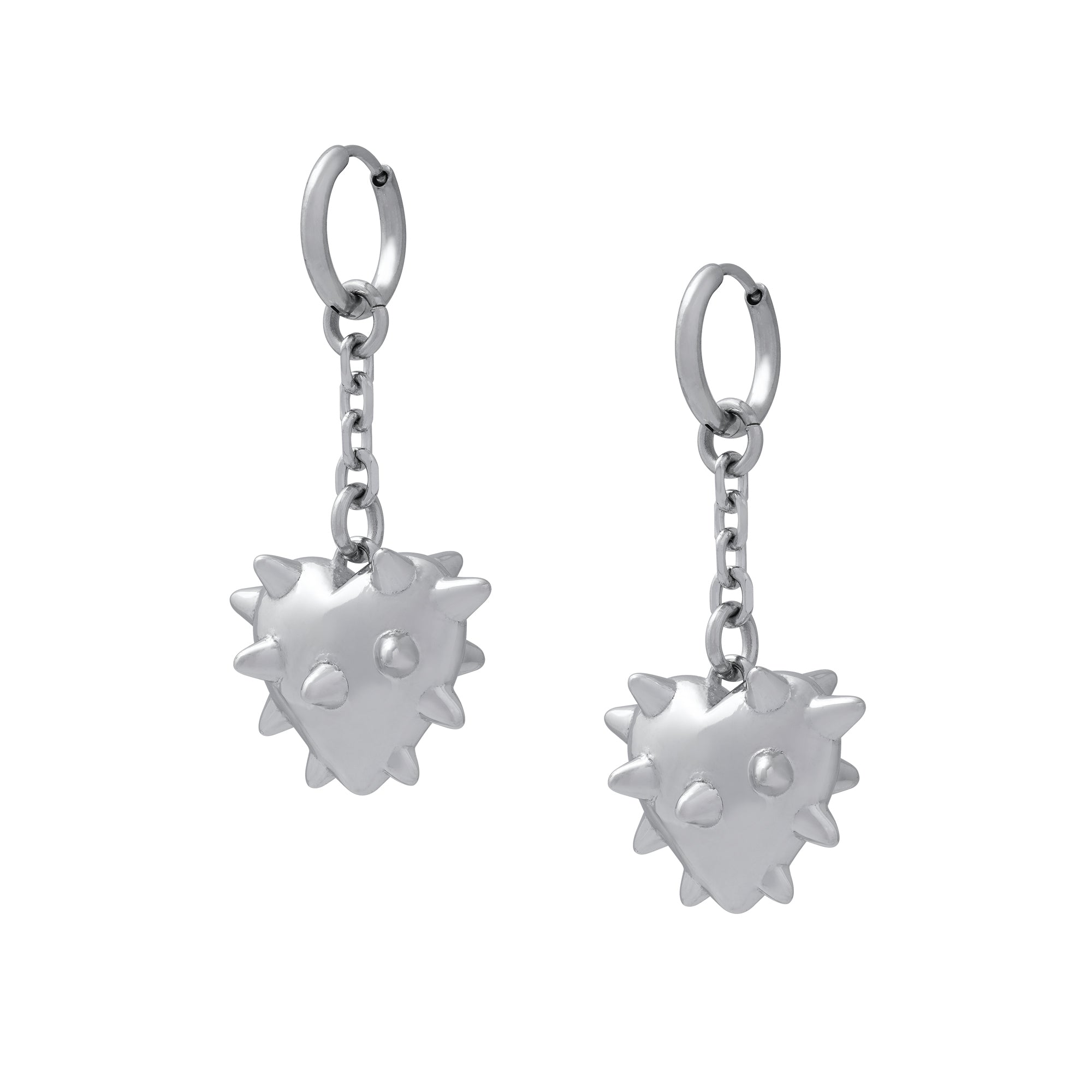 Silver dangling earrings with spiked love heart hanging from chain.